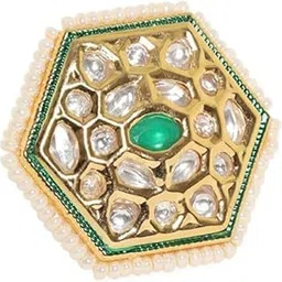 22K Gold-Plated Handcrafted Kundan Polki & Emerald Green Stone Studded Pearl Beaded Hexagonal Adjustable Finger Ring for Women & Girls-image-4