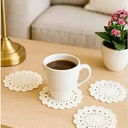 Handmade by Craftsy Bliss Set of 8 Crochet Table Coasters | Handcrafted with Premium Cotton Yarn | Crochet Round Doily Coasters – Elegant White Lace Design | Off-White | Washable & Durable | 5½ Inches-picture-18