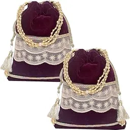 Dulhan Velvet Potli Bag with Pearl Handle | Sequin Tissue Lace Zari Tassels and Resham Dori | Maroon Soft Padded Wedding Shagun Pouch for Return Gifts, Weeding, Winter and Festive Use (pack of 2)-picture-48