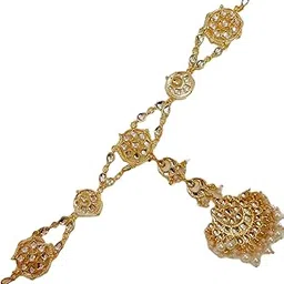 ARAkri - White gold Plated Kundan Studded & Beaded Layered Matha Patti - Sheeshphool with Tikka for Women Girls - Sheeshpatti Bridal Jewellery - Pearl Maang tikka Mathapatti (25 cm x 8 cm))-picture-29