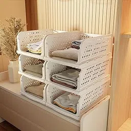 amazon basics Clothes Organizer for Wardrobe | Foldable & Stackable Closet Organizer, 6 Pieces, White-image-69