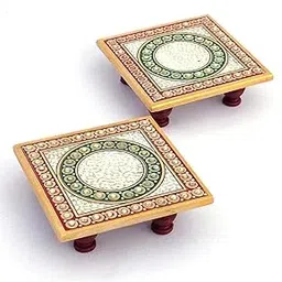 Traditional Artisans Handcrafted Terracotta Brown Puja Chowki, Religious Stand with Green Border Design,-picture-42