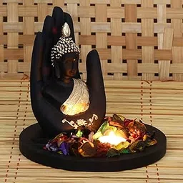 eCraftIndia Black Golden Resin Palm Buddha Statue Tea Light Holder| Lord Buddha Statue for Living Room| Gautam Buddha Idol for Home Decor|God Idol Showpiece Gift for Diwali Buddha Purnima Housewarming-image-8