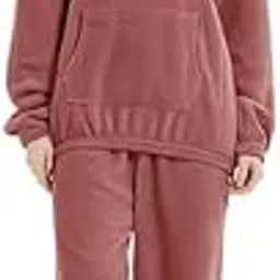 Hooded Fluffy Pajama Set for Women Winter Warm 2 Piece Fleece Pullover Loose Coral Soft Fuzzy Loungewear Sleepwear-image-52
