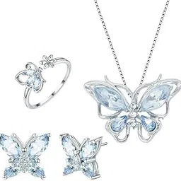 aihoye Crystal Butterfly 4 Pcs Jewellery Set For Women Girls Chain Pendant Crystal Butterfly Necklace Adjustable Finger Rings Studs Earrings Stylish Necklace Set Valentine Birthday Gift For Women, Girls-picture-10