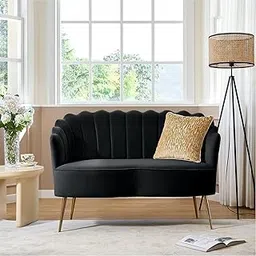 Wud Oak Modern Chesterfield Velvet Loveseat Sofa Channel Tufted 2 Seater Curved Back Sofa with Golden Metal Legs for Living Room Bedroom Hallway (Black) image 1
