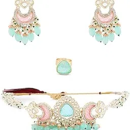 Green Pink Stones & Beads Multistrand Kundan Choker Necklace Earring & Ring Set For Women-ZPFK15653-image-2