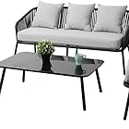 IIOF Outdoor Furniture Collection Bistro Set with Cushion 4-Piece Rope Patio Backyard Living Set with Center Table for Garden/Balcony.(Black and Grey Color) image 1