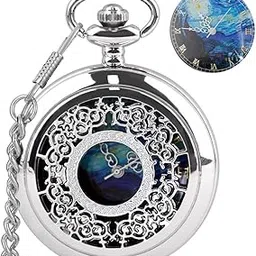 tiong Pocket Watch Hollow Blue Star Design Roman Numerals Quartz with Chain Christmas Birthday Gifts-picture-31