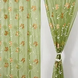 Homefab India Embroidery Floral Net Transparent Sheer Curtain - 7X4 Feet, Door Curtains, Green, Pack of 2 Pcs-picture-27