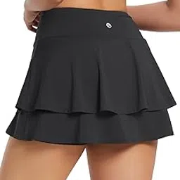 baleaf Women's Pleated Tennis Skirts Layered Ruffle Mini Skirts with Shorts for Running Workout-picture-17