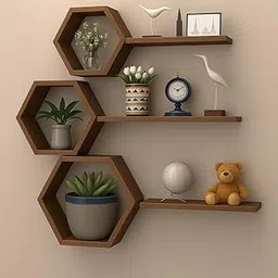 AALIYA MART Wooden Honeycomb Floating Wall Shelves - Wall Mounted 6 Pieces Decorative Wall Shelf | Display Shelves for Books, Plants | Wall Decor Shelves for Living Room, Bedroom, Offices (Brown)-image-65