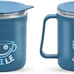 ATTRO Stainless Steel Happy Mug Comes with Double Wall Inner Stainless Still & Lid Stylish Cup Ideal for Hot Coffee, Tea-Blue Set of 2, 300 ml-image-60