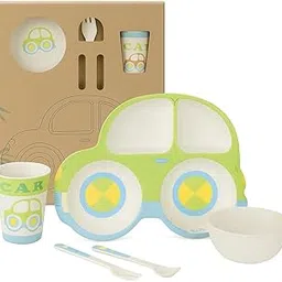 Coslifestore Bamboo Fiber Car-Shaped Kids Dinner Set – 5-Piece Mealtime Set in Red, Light Green, Yellow & Baby Pink – Eco-Friendly, BPA-Free, Lightweight & Durable Tableware for Toddlers (Green)-picture-22
