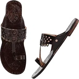 style socio fashions Kolhapuri Chappal Women's Traditional Leather Toe Ring Flats, Brown-picture-48