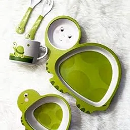 Bamboo Street 5 Piece Plastic Free Baby Feeding Set | Plate - Bowl - Cup - Fork - Spoon | Kids/Baby Crockery Tableware | Made of Bamboo| | Eco-Friendly |Organic & Natural | Twinkle Turtle (Green)-image-40