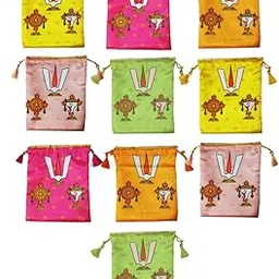 Pack of 10 Shanku Chakra Namam Design Potli Bags - Women's Silk Drawstring Closure Gift Pouches - for Return Gifting - Potli Bags for Thamboolam - Fabric Potli Batwa Bag Bridal Purse (Multi-Color)-picture-17