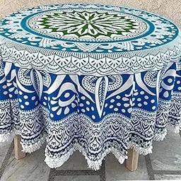 RHF Cotton Round Tablecloth – 75-Inch Traditional Printed Dining Table Cover for 4-6 Seater – White Fringed Lace Border – Washable & Elegant (Blue Multi)-picture-21