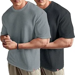 shodox Mens Solid Dotted Unique Design Oversized Tshirt for Men - Round Neck Loose Fit Drop Shoulder Mens T-Shirt(Pack of 2)-picture-32