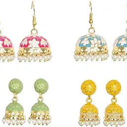 vesara Jhumke Meenakari Earrings For Women | Jhumka Combo Earrings For Women | Jhumkas Jhumka Set For Girls | Traditional Earrings Set Jumka | Small Gold Plated Jhumki | Mini Jumke Rajasthani Earring (Set of 4) image 1