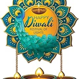 Celestdeco Happy Diwali Front Door Decor,Indian Festival of Lights Wall Hanging,Peacock Diwali Door Sign,Indian Deepavali Themed Wooden Sign,Rangoli Mandala Diyas Decor for Yard Porch Home Office-picture-29