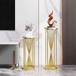 Weston Crafts Round MDF Top Side Tables, Tall Plant Display Stand Flower Pot Holder Gold Sofa Side Corner Table Black Iron Accent Furniture for Bedroom gold-picture-16