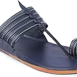 Men's Fashion Kolhapuri Chappal with Punching Work Handmade Stylesh Blue Leather Smooth and Comfortable Flip Flops Slippers Anti Slip Durable Designed Sandals Traditional Indian Footwear-image-4