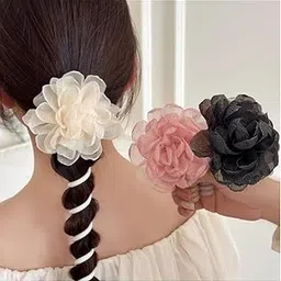 Miss Lirenn® 03 PCS Elegant Floral Hair Accessory Set with Spiral Telephone Wire, 3.74 Inch Rose Design, Black, Pink, White for Kids, Girls, Women-picture-32