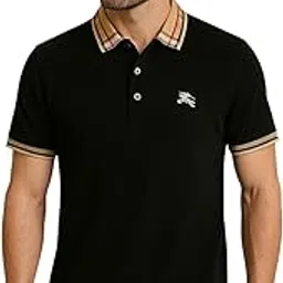 Men's Black Polo T-Shirt with Checked Collar, Premium Cotton, Embroidered Logo, Short Sleeve Casual Wear-picture-59
