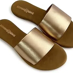 bombay genie Women’s Golden Flat Sandals | Wide Strap Slip-On Sliders | Casual Comfortable Footwear-picture-28