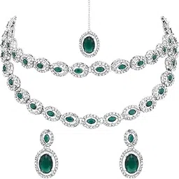 i jewels Silver Plated Stylish Design Crystal Diamond Oval Shape Necklace With Earrings & Maang Tikka Jewellery Set for Women (IJ405ZG)-picture-10