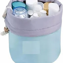 VARUJA Trendz Round Shape Bucket Barrel Shaped Waterproof Cosmetic Makeup Bag Travel Drawstring Cosmetic Storage Pouch Makeup Toiletry Organizer Bag (Sky Blue)-picture-10