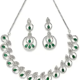 karatcart Elegant Green American Diamond Silver Plated Necklace Set for Women-picture-50