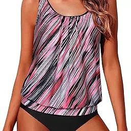 yonique Women Vintage Chevron 2 Piece Ruched Padded Tankini Set Flyaway Top With Triangle Brief Bottom Bathing Suit-picture-29