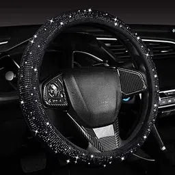 Women Fashion Black Velvet Bling Steering Wheel Cover with Black Diamonds, 15 inch Standard Glitter Rhinestone Car Wheel Cover Sparkling, Full Covered-picture-16