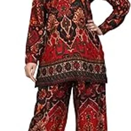 Women's Printed Co-ord Set, Traditional Pattern, Long Tunic with Wide-Leg Pants, Red and Black (IN, Alpha, M, red blk)-picture-32