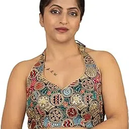 figure's designer Women's Sequin Gold Embroidered Halter Neck Sleeveless Readymade Saree Blouse Indian Zari Lace Ethnic Designer Stitched Top Padded White Navy Blue Maroon Grey | E13-picture-45