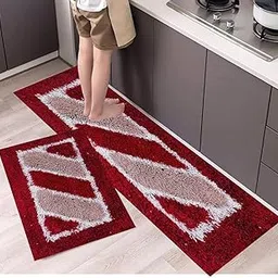 Home Kitchen Runner Floor Mat & Runner with Anti Skid Backing Runner Size (120x40 cm) and Bathmat (60x40 cm) (Red & Beige)-image-23