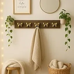 Decorative Wall-Mounted Hook Rack, Dark Wood with Gold Bow Hooks, 5-Hook Design-picture-41