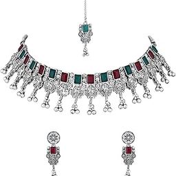 i jewels Navratri Ethnic Stylish Boho Silver Oxidised Choker Necklace Jewellery Set With Earrings & Maang Tikka For Women (MC181)-picture-12