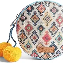 batasha Seren Round Coin Purse with Geometric Pattern, Striped Interior, Yellow Pom-Pom Detail, Red and Blue Trim-picture-23