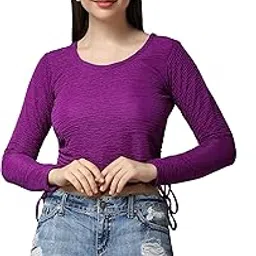 Casual Self Design Regular Fit Polyester Full Sleeves Crop Tops for Women with Crush String-image-75