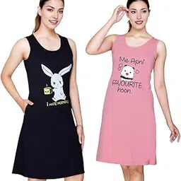 Night Dresses for Women Cotton (Combo), Knee Length Night Dress, T Shirt Nighty for Women, Single Piece Night Dress for Women, Cotton Printed Nighty (Pack of 2)-image-94