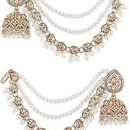 Jewellery Champagne Color Jhumka Earrings with Hair Kaan Chain - Mehndi Gold Tone - Kundan & Pearls - For Women & Girls Stylish Latest (RKE519_Z1)- For Women & Girls Stylish Latest-image-35