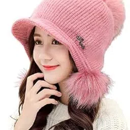 magic Winter Soft Warm Snow Proof Visor Pom Pom Cap (Inside Fur) Woolen Beanie Cap for Women's & Girl's (Pink)-picture-29