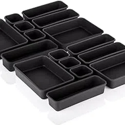 Kuber Industries Storage Organizer Set | 16 Piece Set | Makeup Organizer Tray Set | Kitchen Organizer | Desk Drawer Divider Tray | Multi-Purpose Stationery Organizer with Interlock | Black-image-17