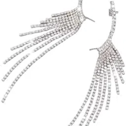 Crystal Tassel Drop Earrings, Silver, Rhinestone Studded Crawler Cuff Style, Long Dangle Design for Women-picture-52