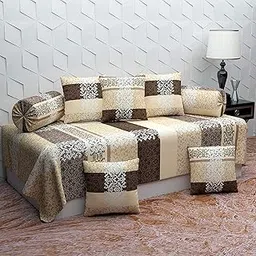 FESTIVAL HOME FURNISHINGS Cotton Fabric 400TC Diwan Set (60X90 Inch Bedsheet, 16x16inch Cushion Covers, 18x28 inch Bolster Covers, White Print, Large)-picture-16