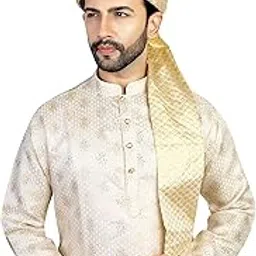 priyakant safawala Men's Traditional Wedding Collection Brocade Handcrafted Safa (Pheta/Pagdi/Turban) For Wedding And Engagement Use It [Off White, Free - Size, Adjustable System]-picture-18