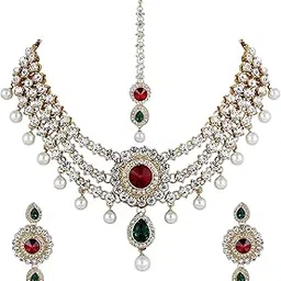 shining diva Gold Plated Party Wear Bridal Kundan Traditional Jewellery Set with Maang Tikka and Earrings (Red) (7929s) for Women-picture-47